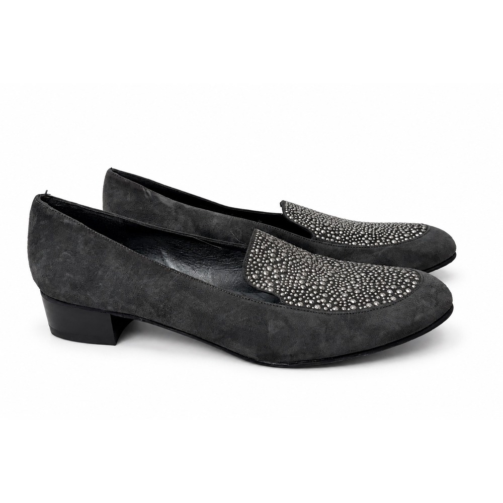 Stuart Weitzman Loafers Women 10 Grey Suede Studded Embellished Block Heel Shoes